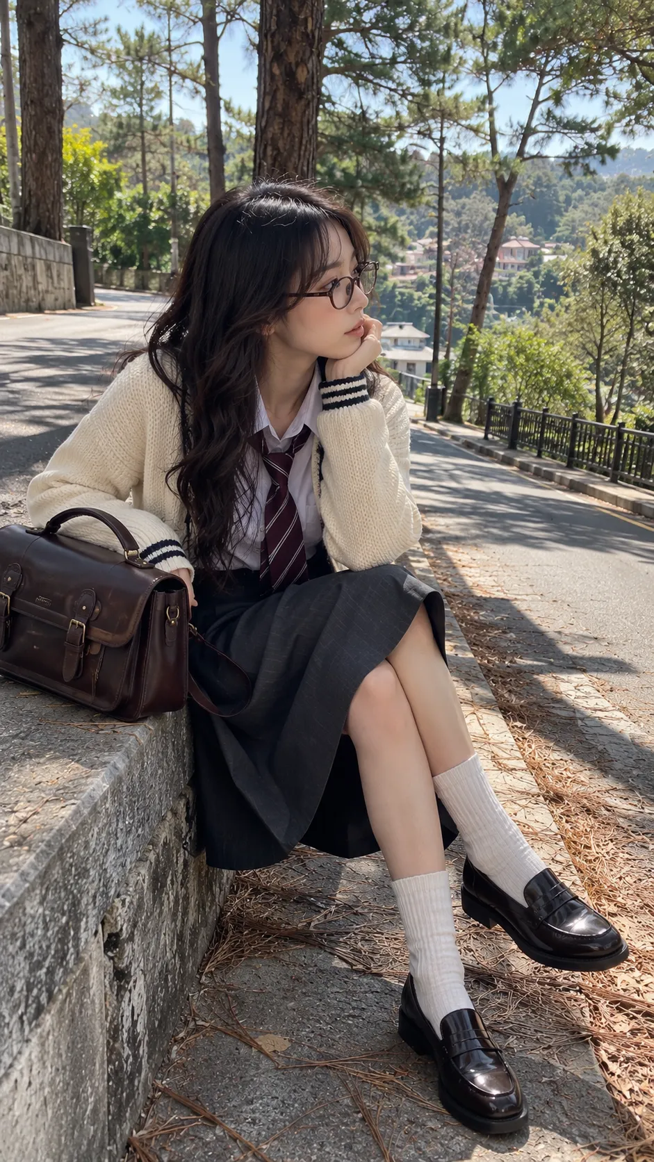 Geek Chic accessories với kính oval, leather satchel, necktie, loafers và cardigan knit