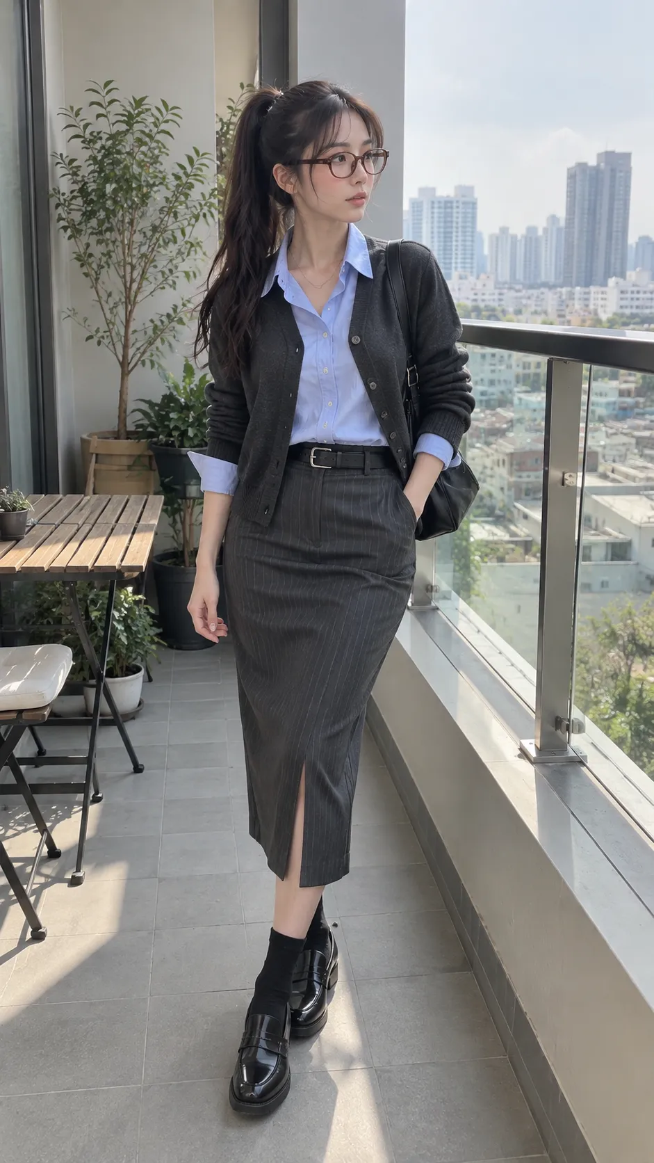 Geek Chic outfit với cardigan, sơ mi xanh, pencil skirt, kính oval và loafer