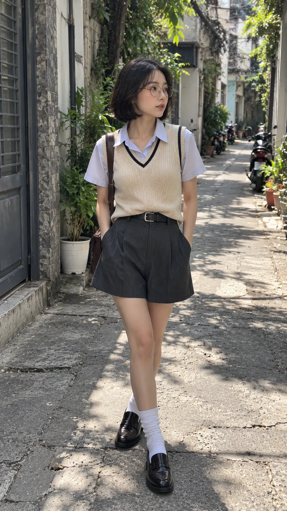 Geek Chic outfit mùa nóng với sleeveless knit vest, sơ mi cotton mỏng, tailored shorts, kính gọng mảnh và loafer