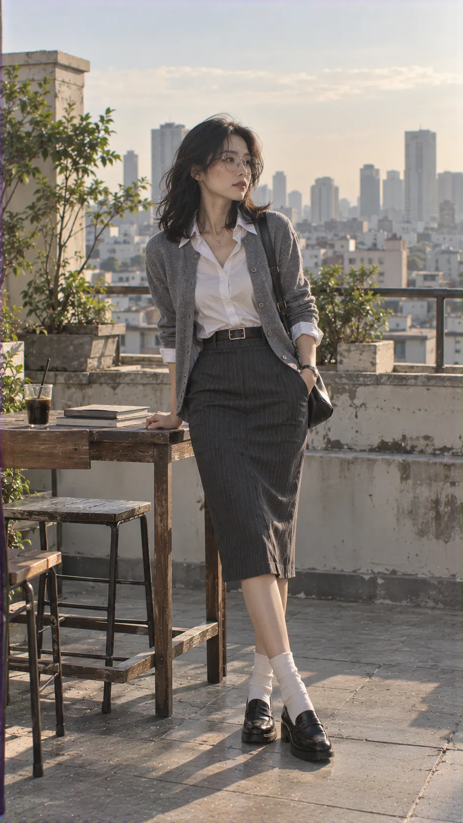 Geek Chic style với kính gọng mảnh, cardigan xám, sơ mi trắng, tie lỏng và loafer