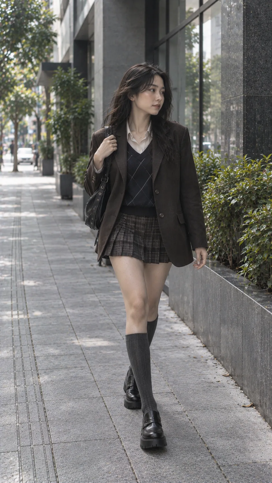 Giày loafers nữ màu đen phối tất xám cao và mini skirt theo dark academia