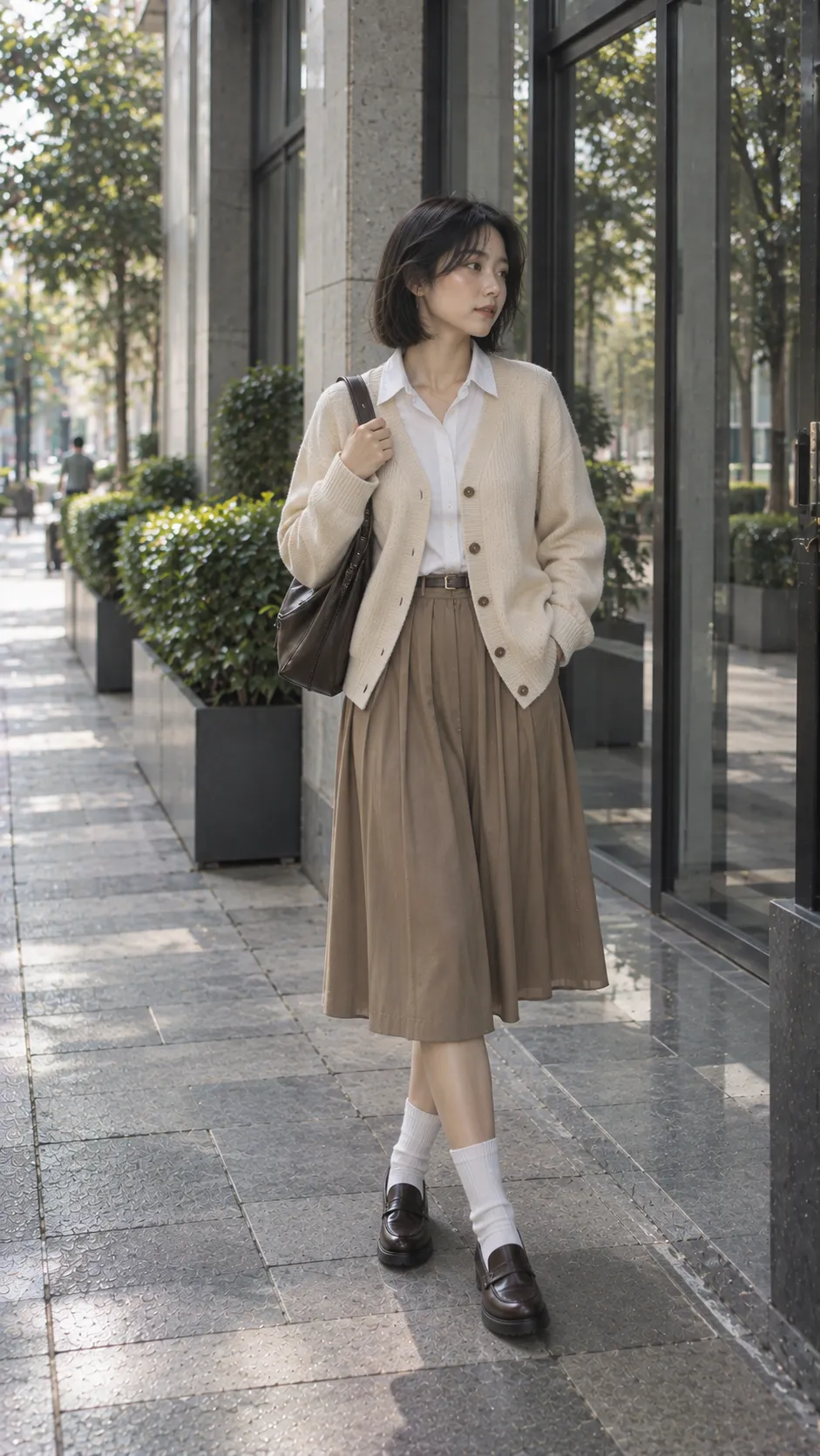 Loafer phối cardigan kem, sơ mi trắng và chân váy midi theo Light Academia