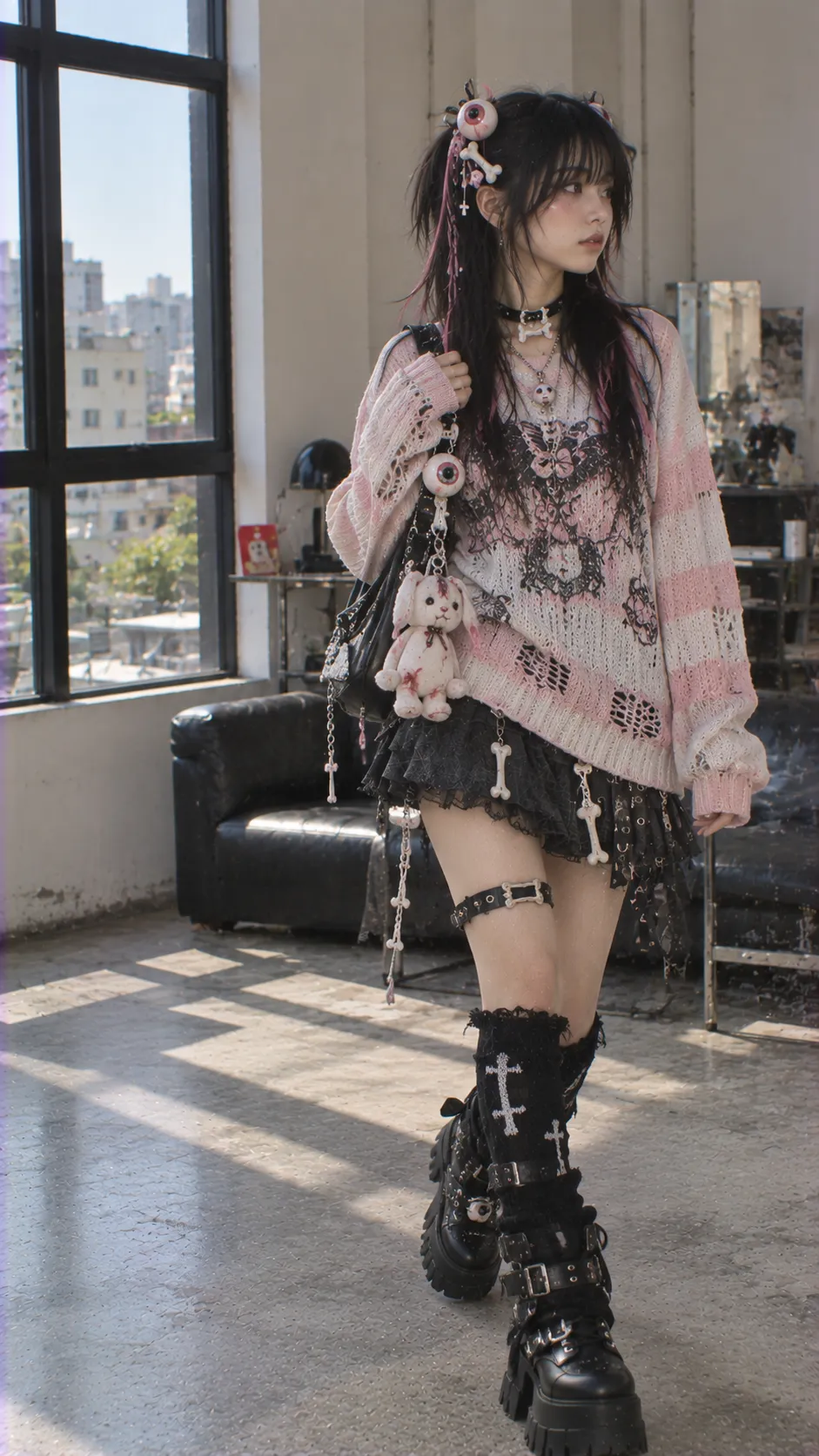 Gurokawa creepy cute với pastel knit, eyeball hair clips, bone accessories và skirt tối màu