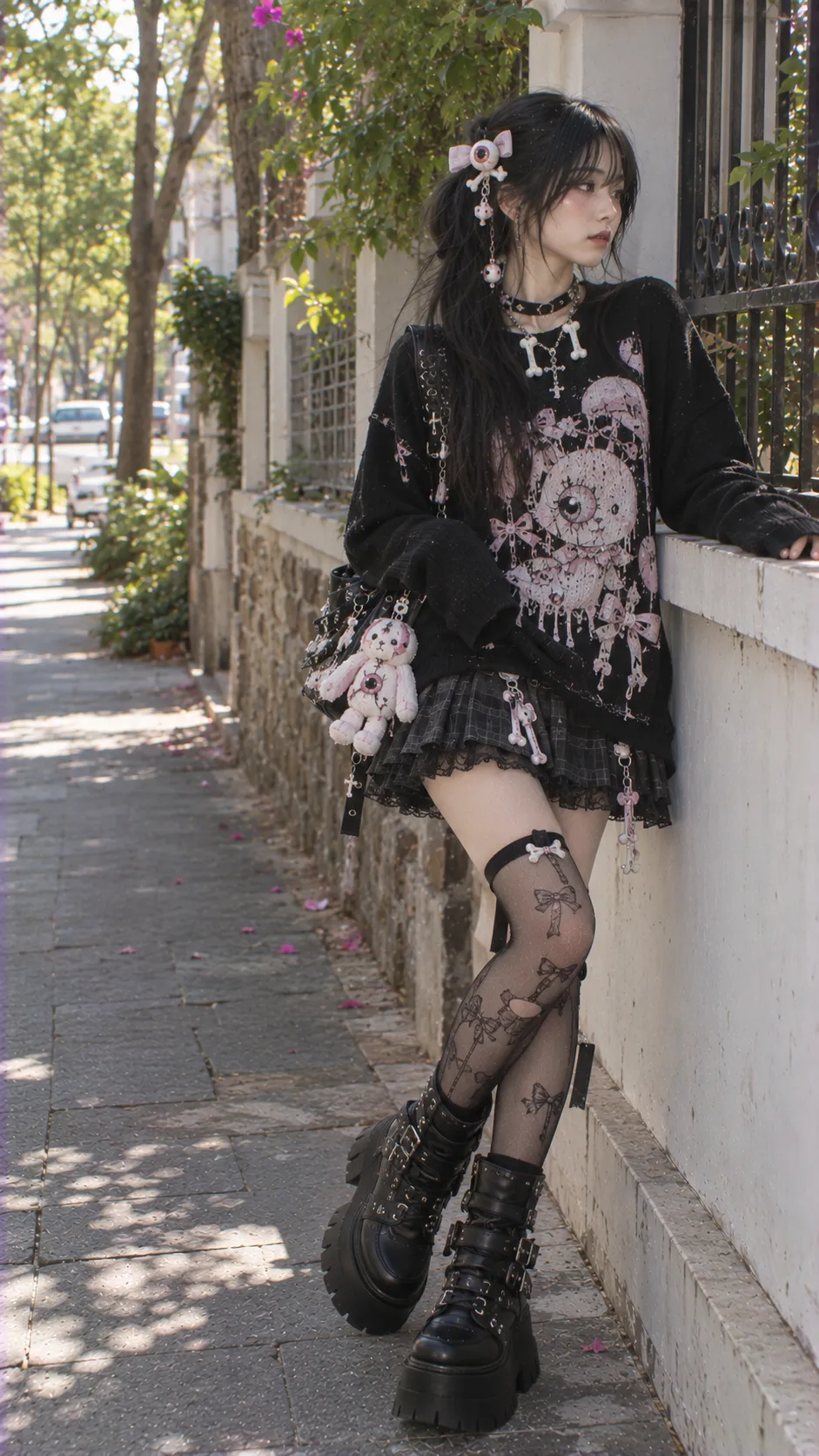Gurokawa dark cute với black knit, A-line skirt, bow hair clip và bone jewelry
