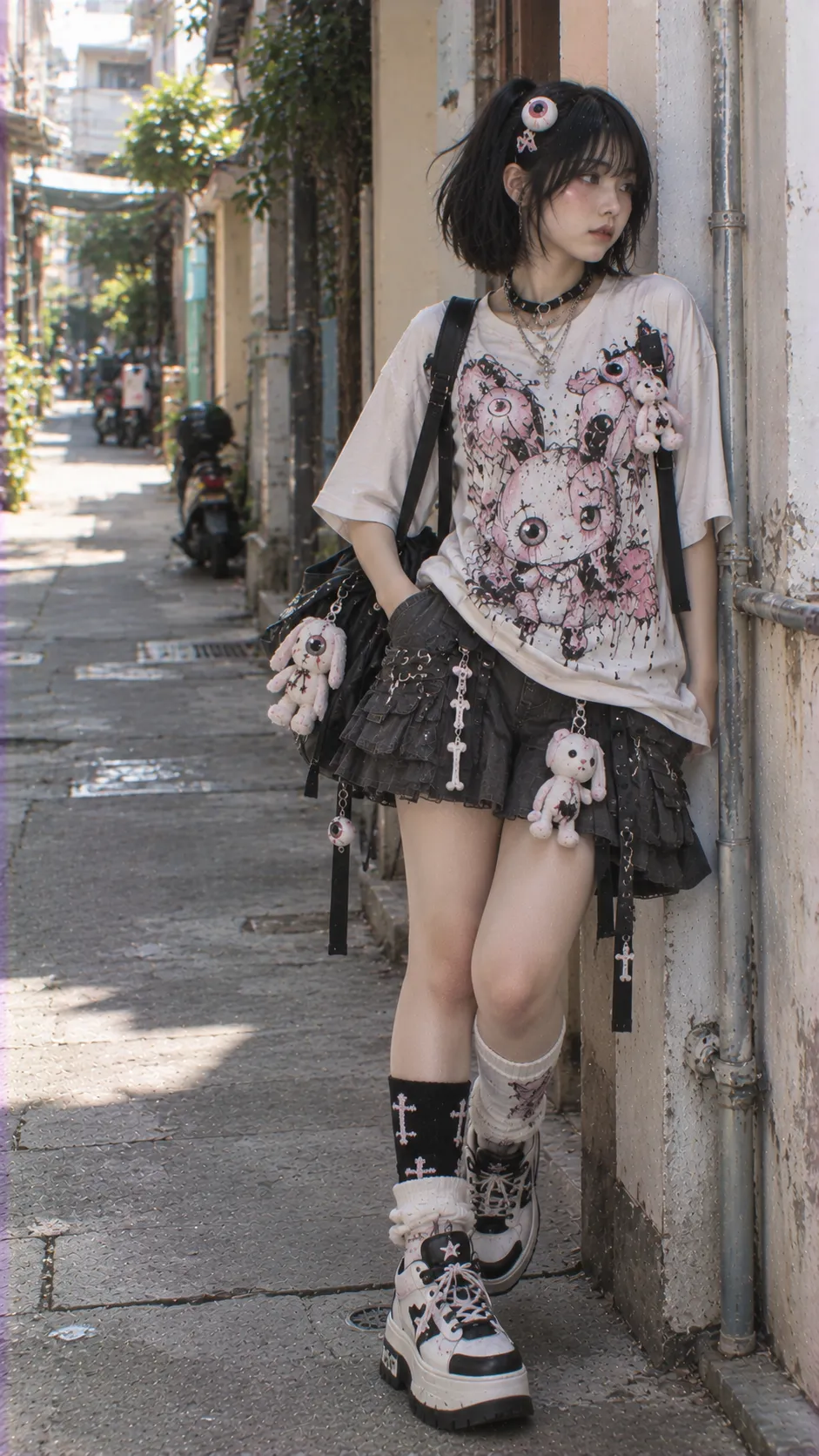 Gurokawa everyday outfit với graphic tee, cargo skirt, eyeball pin và sneaker trong tỷ lệ dễ mặc