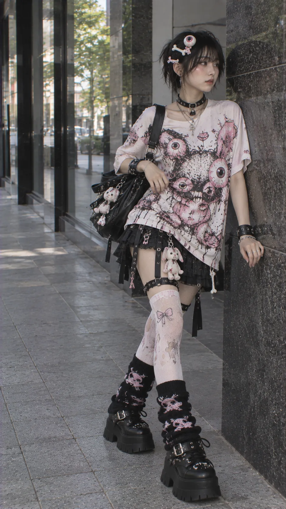 Gurokawa graphic outfit với cute monster tee, eyeball motif và bone hair clips