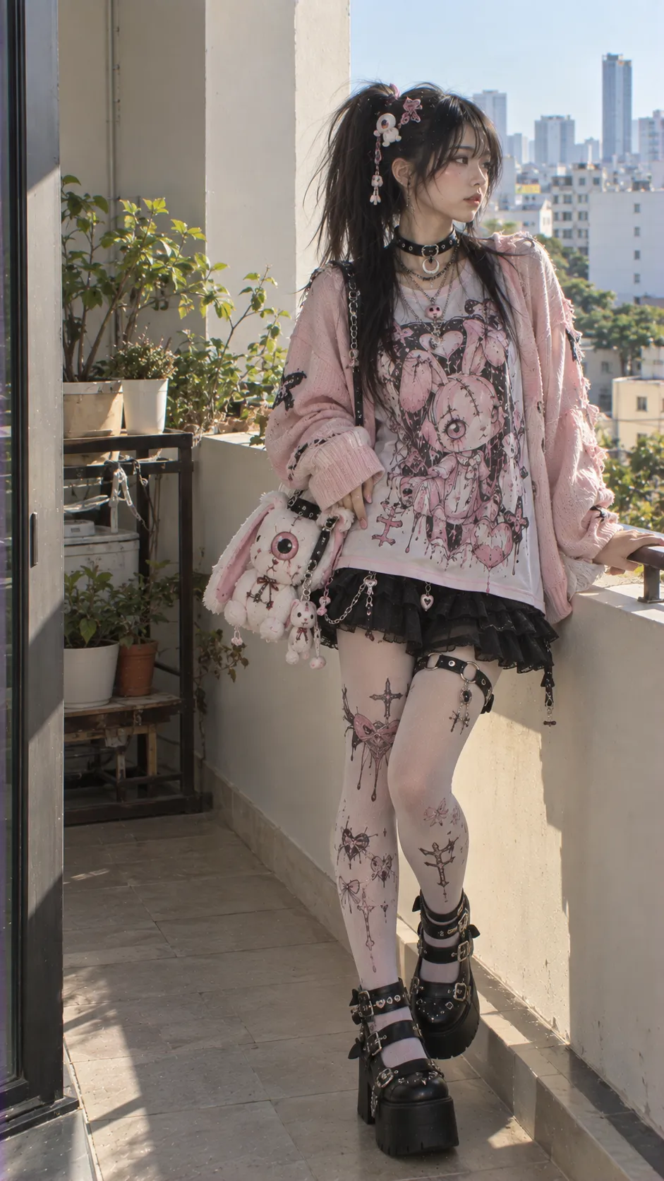 Gurokawa pastel dark với cardigan hồng nhạt, creepy cute graphic tee, black mini skirt và platform shoes