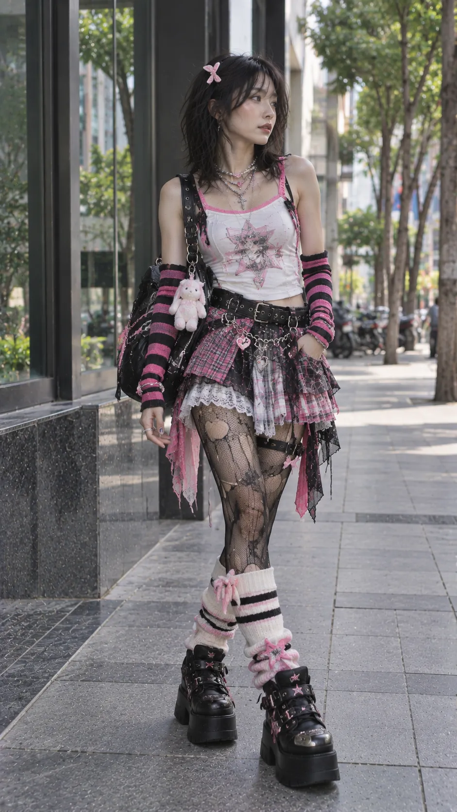 Harajuku outfit phối graphic top, mini skirt, leg warmers và nhiều phụ kiện màu sắc