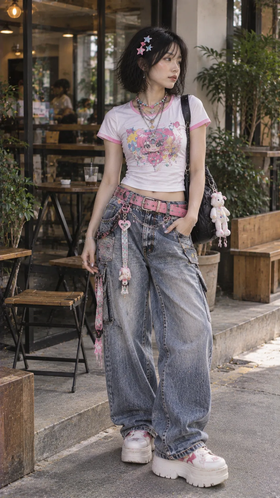 Harajuku casual với baby tee, wide denim, colorful belt, layered necklace và chunky shoes