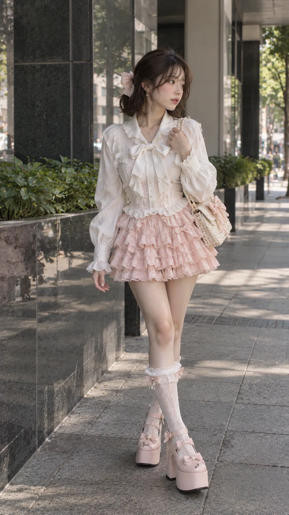 Hime Gyaru outfit với ruffle blouse trắng, tiered mini hồng, pearl bag và platform Mary Jane