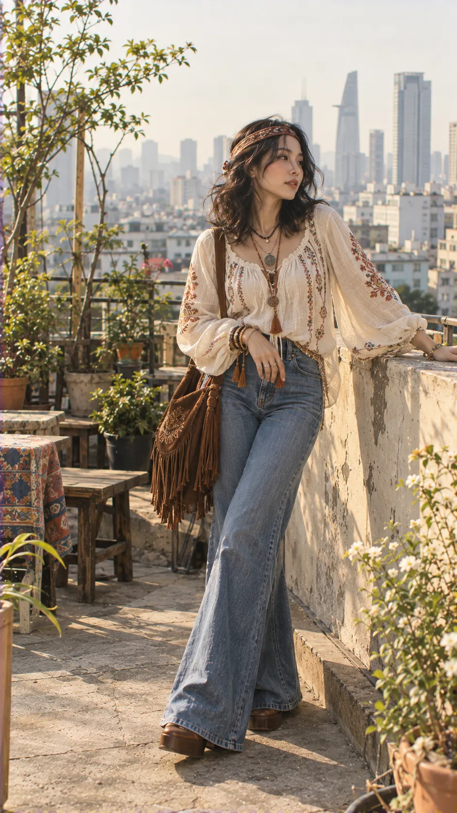 Hippie outfit nữ với blouse thêu rộng, denim ống loe và túi da mềm đeo chéo