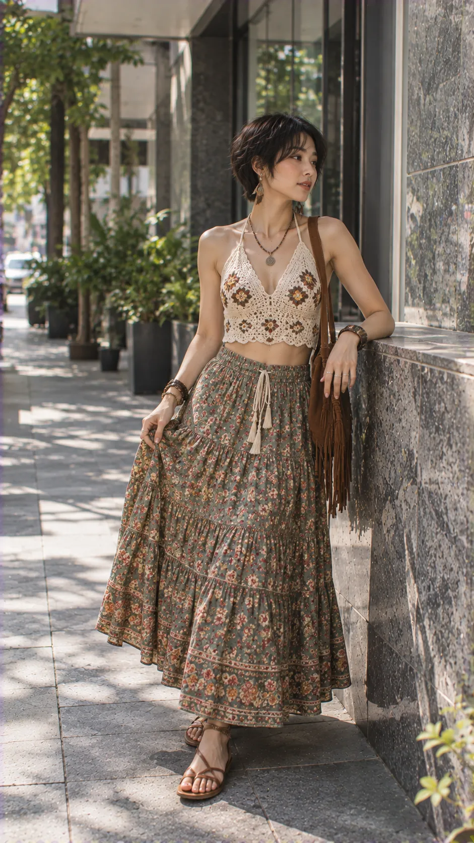 Hippie style với crop crochet top, maxi skirt hoa nhỏ và sandal đế thấp