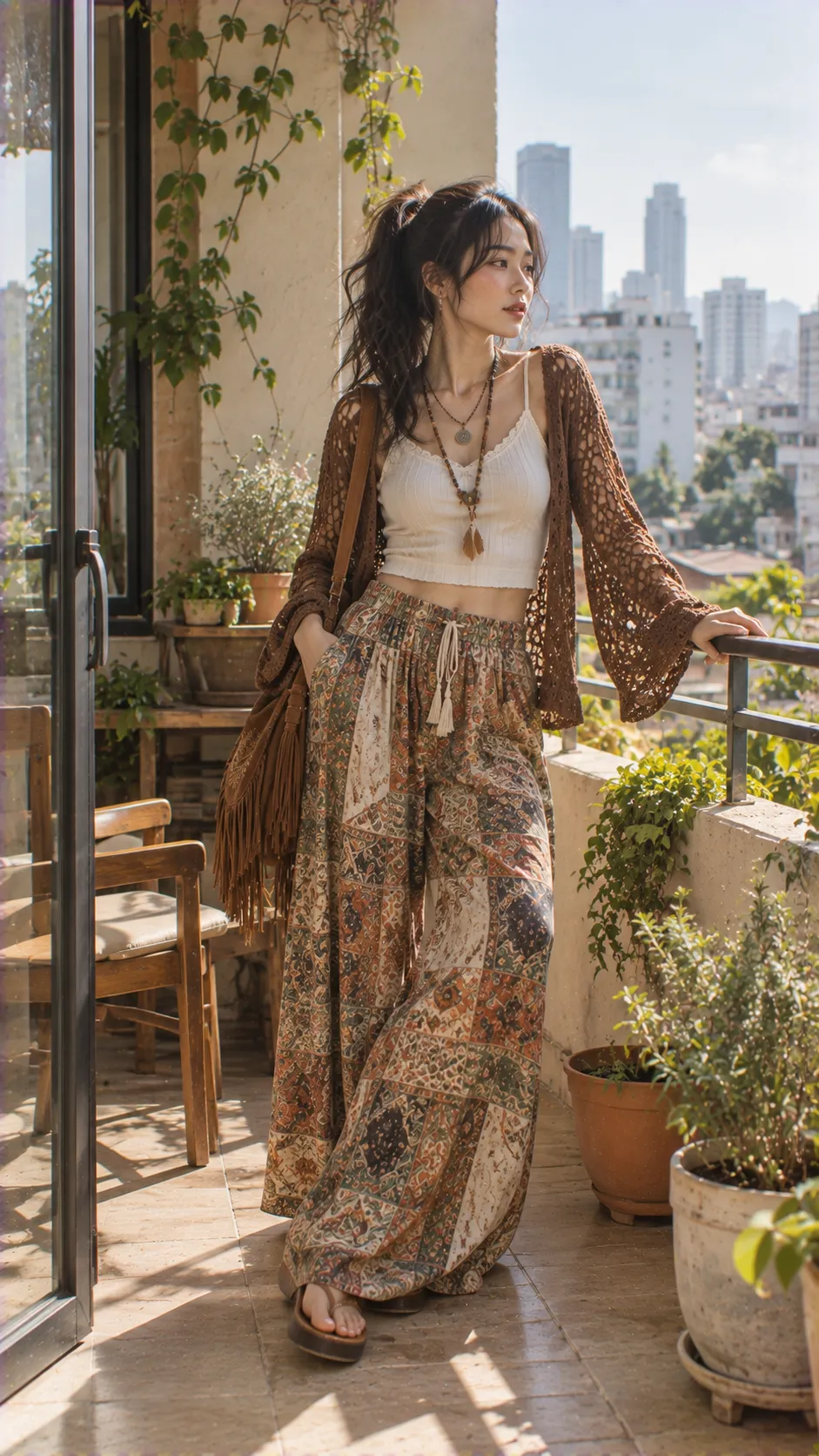 Hippie outfit hiện đại với tank top trắng, quần ống rộng họa tiết và crochet cardigan nâu