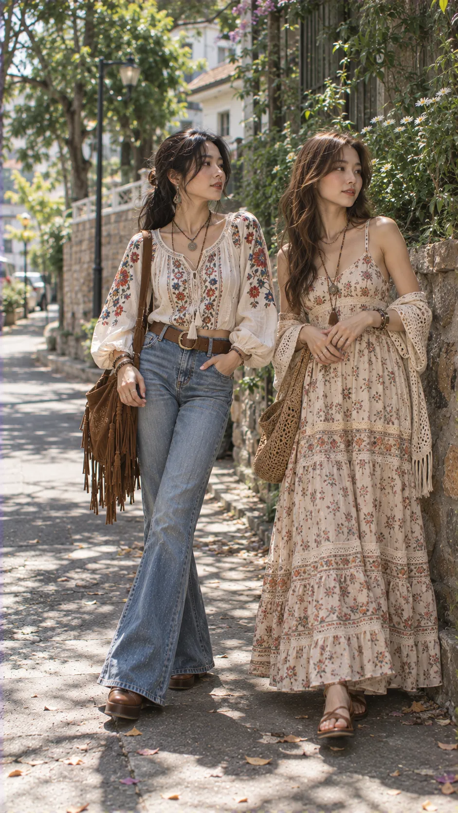 Hippie outfit với flare jeans và blouse thêu bên cạnh boho chic maxi dress tinh gọn