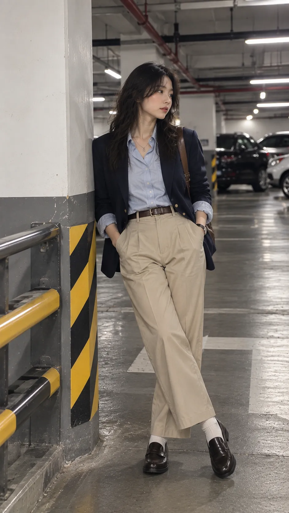Ivy Style nữ với navy blazer, Oxford shirt trắng, khaki trouser và penny loafers
