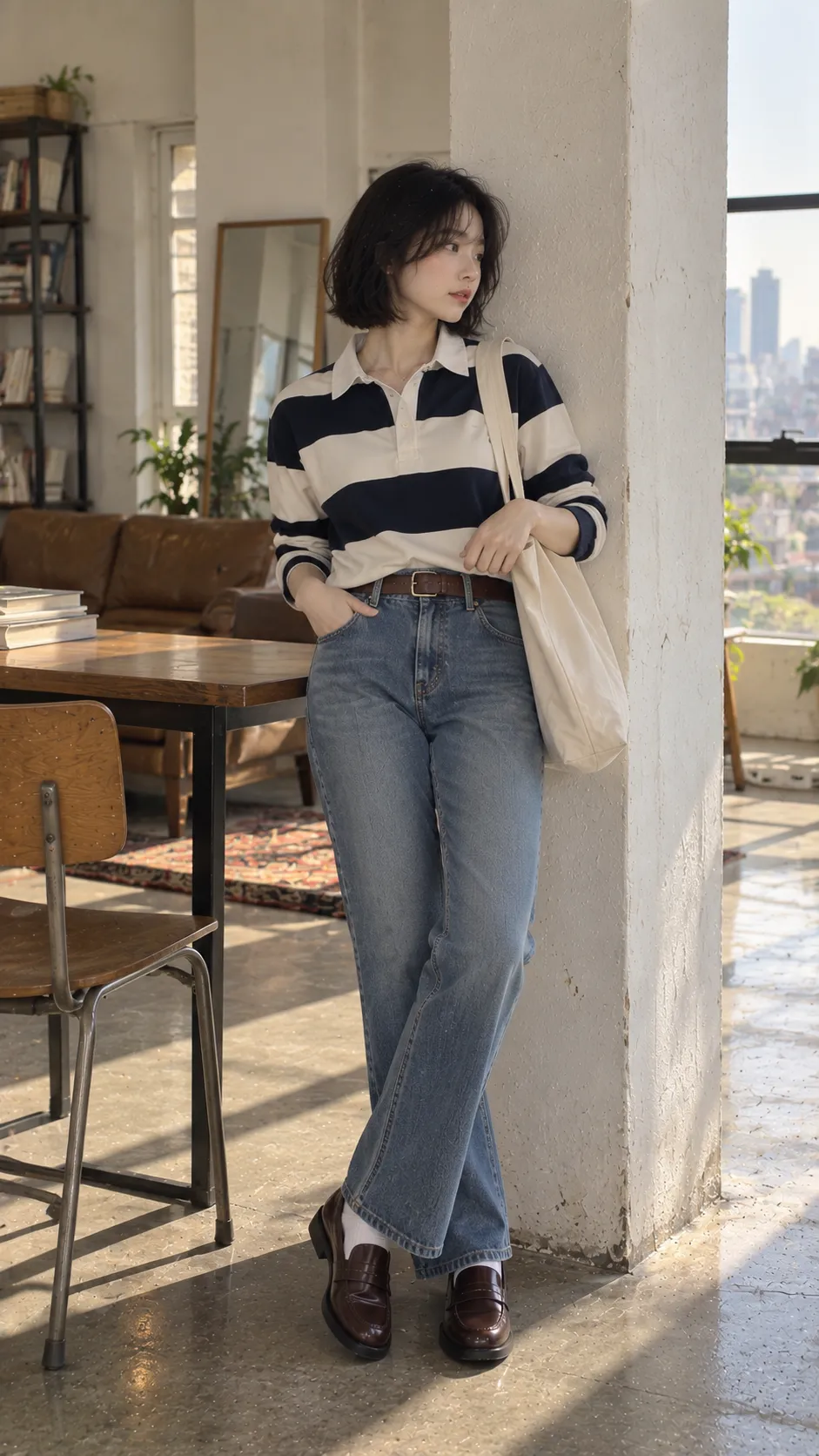 Ivy Style đời thường với rugby shirt, straight denim, brown loafers và canvas tote
