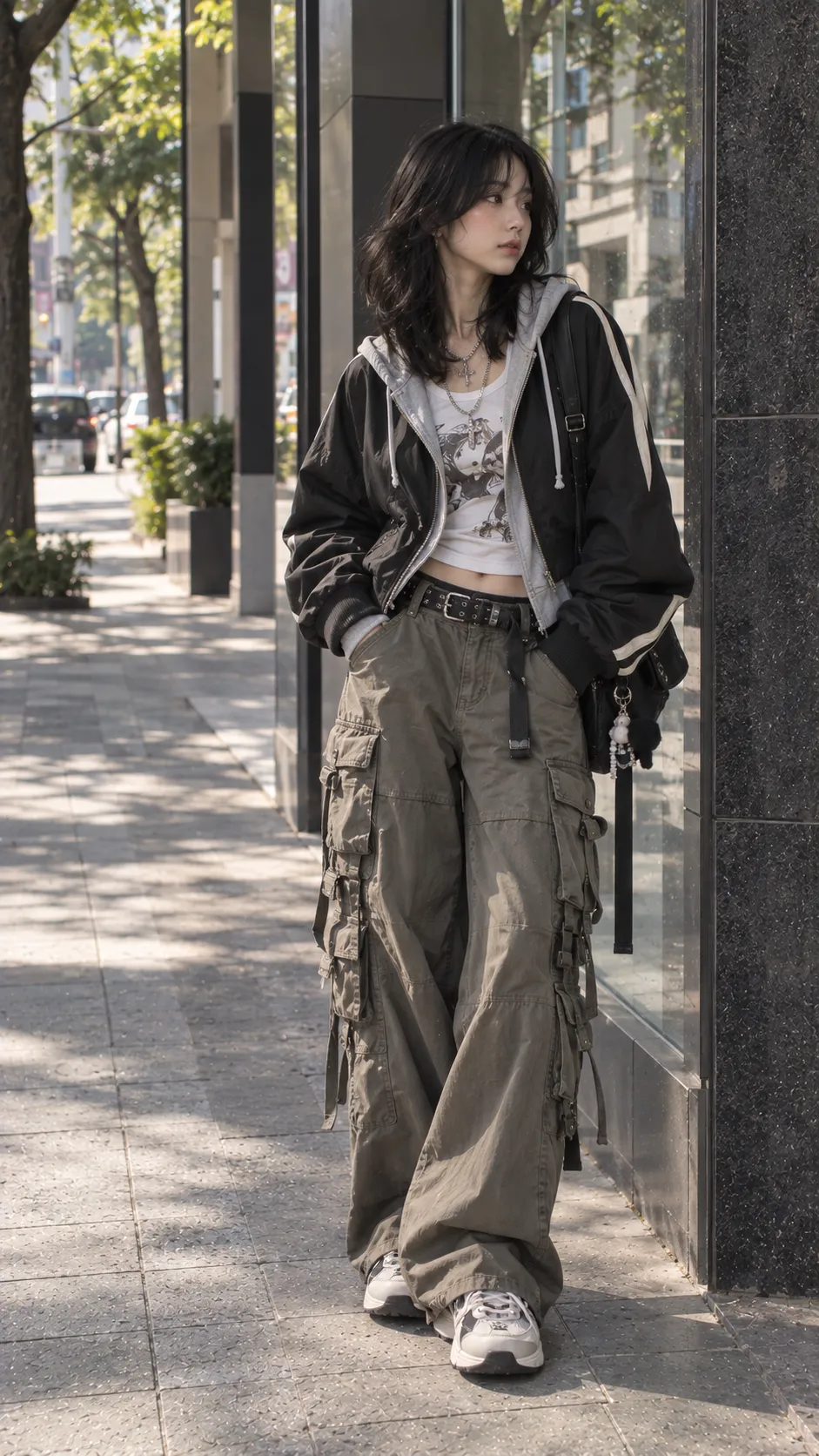 Japanese Streetwear nữ với bomber rộng, layered tee, cargo skirt và sneakers trên phố Tokyo