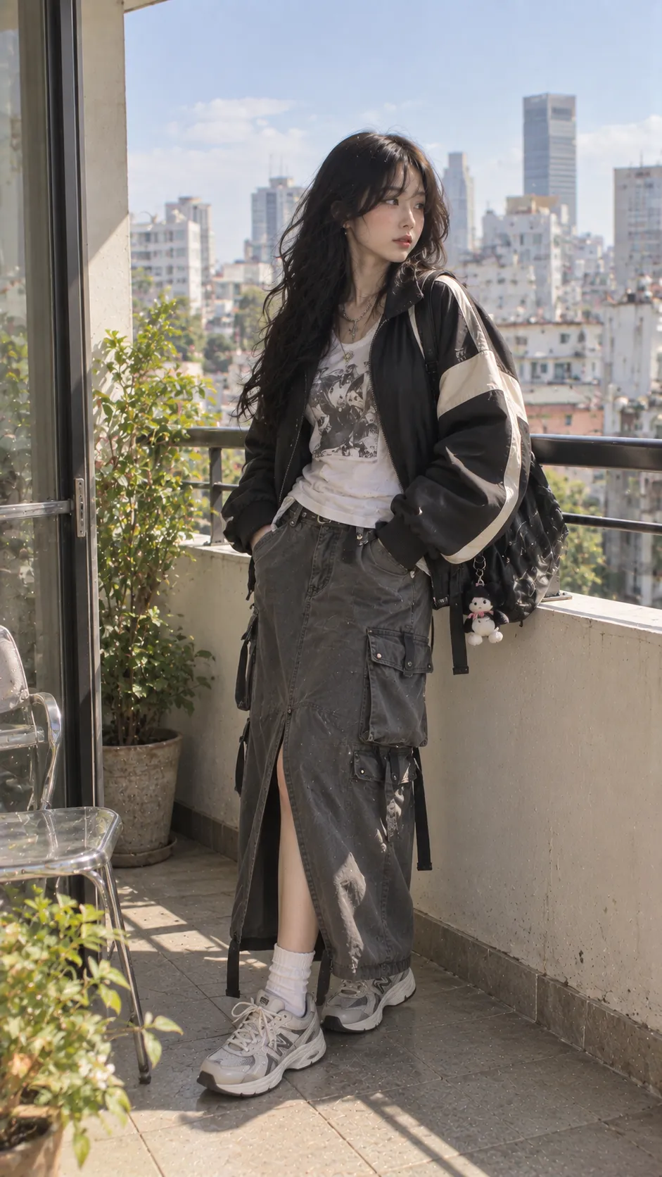 Japanese Streetwear nữ với cropped bomber, long tee, cargo skirt và chunky sneakers