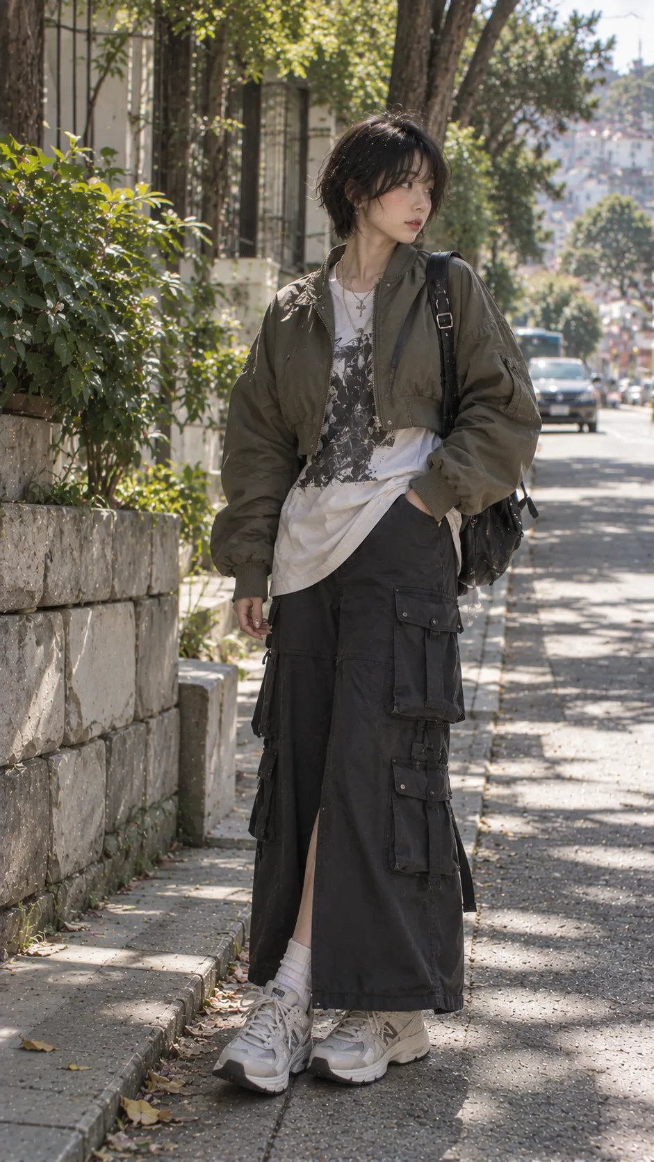 Japanese Streetwear monochrome với layered long tee, cropped jacket và wide black trousers