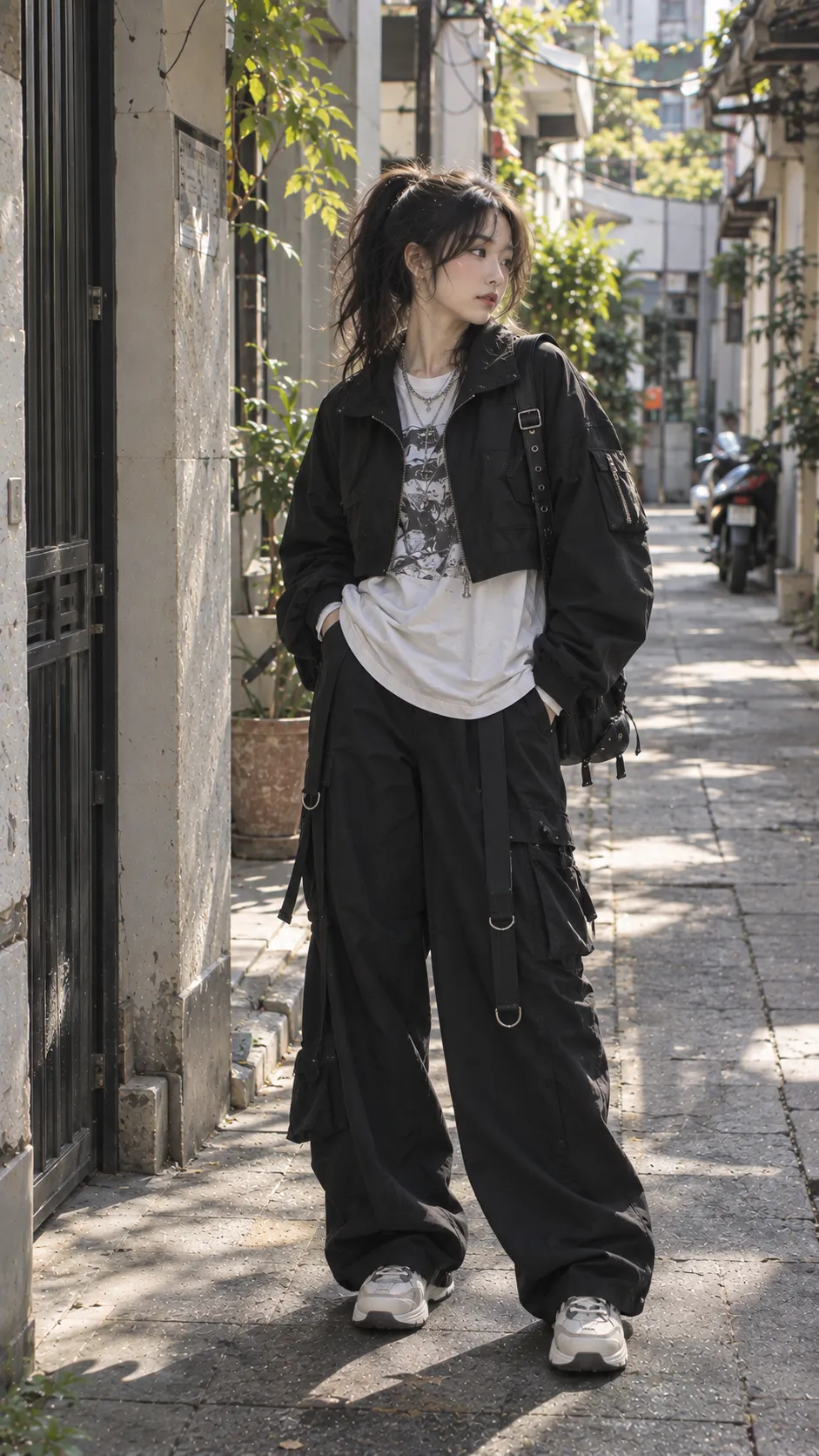 Tủ đồ Japanese Streetwear với graphic tee, bomber, wide denim, cargo, sneakers và crossbody bag