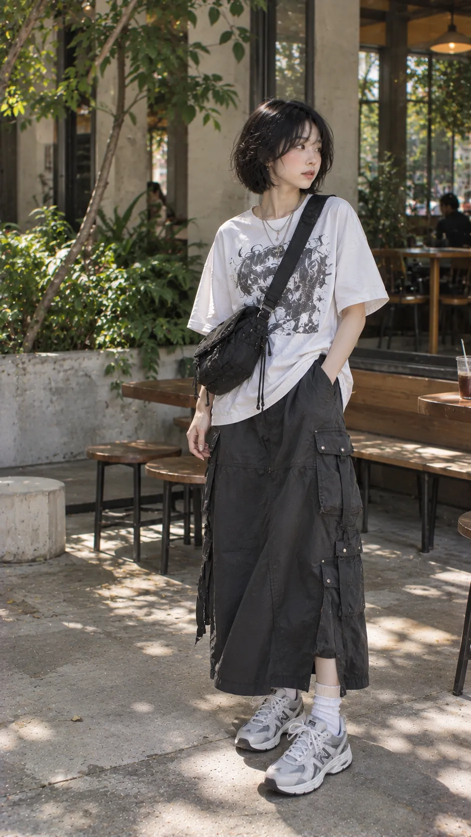 Japanese Streetwear mùa nóng với oversized tee, cargo skirt, crossbody và sneakers