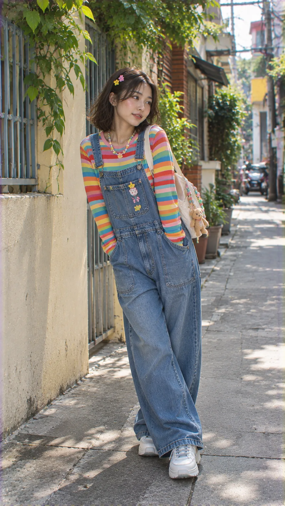 Kidcore nữ với áo striped tee primary colors, denim overalls và colorful sneakers