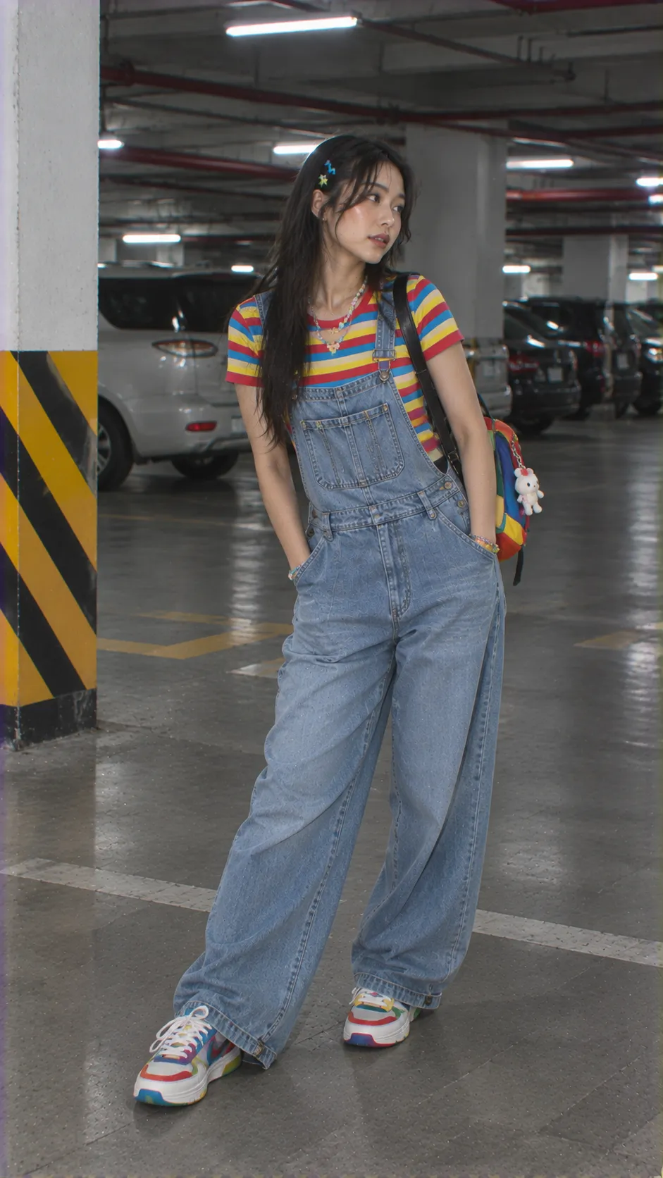 Kidcore outfit với denim dungaree làm nền, áo vàng, tất xanh và túi đỏ nhỏ