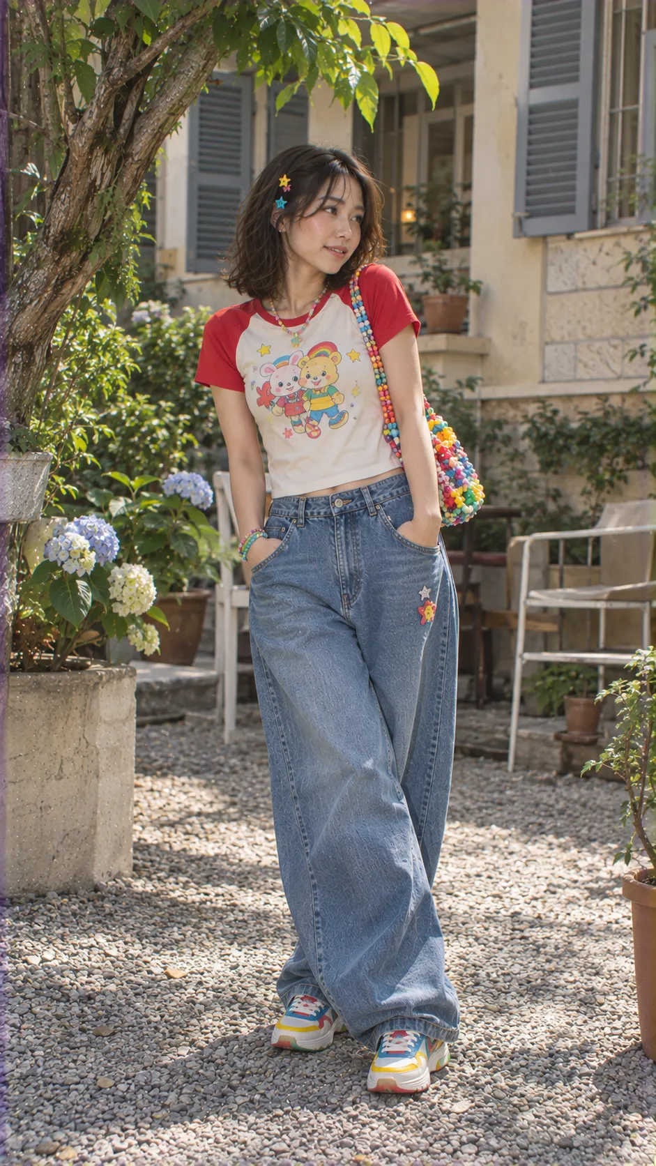 Kidcore street outfit với cartoon baby tee, baggy jeans, bead bag và sneakers nhiều màu