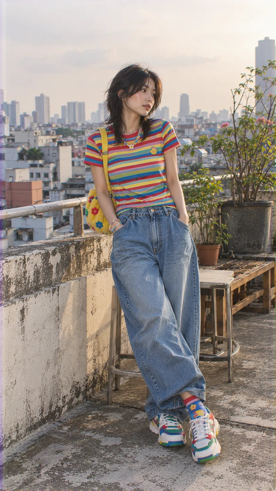 Kidcore outfit đời thường với striped tee, wide denim, bead necklace và colorful socks