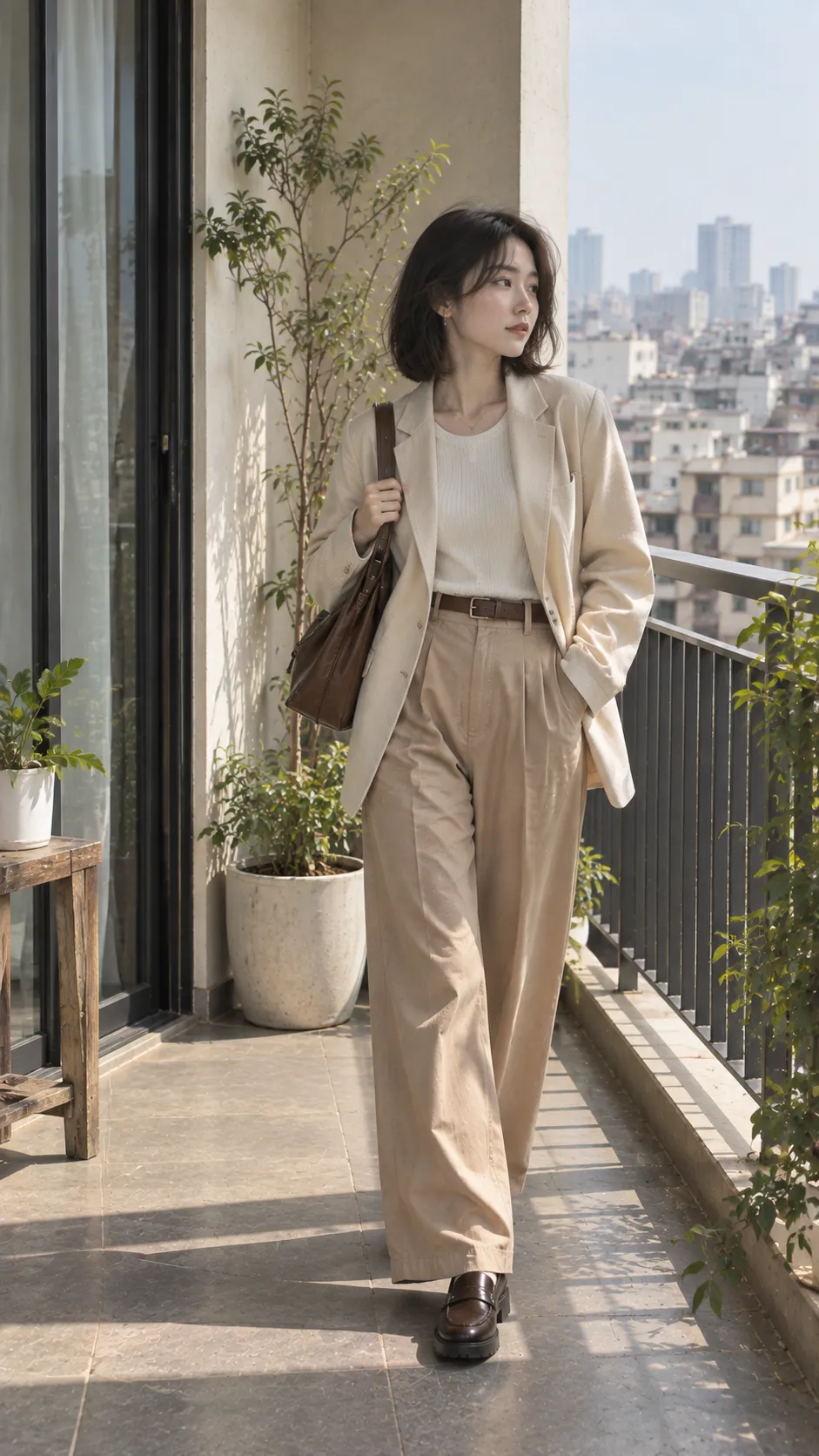 Light Academia outfit tone ivory taupe và camel với blazer sáng quần suông và túi da nâu