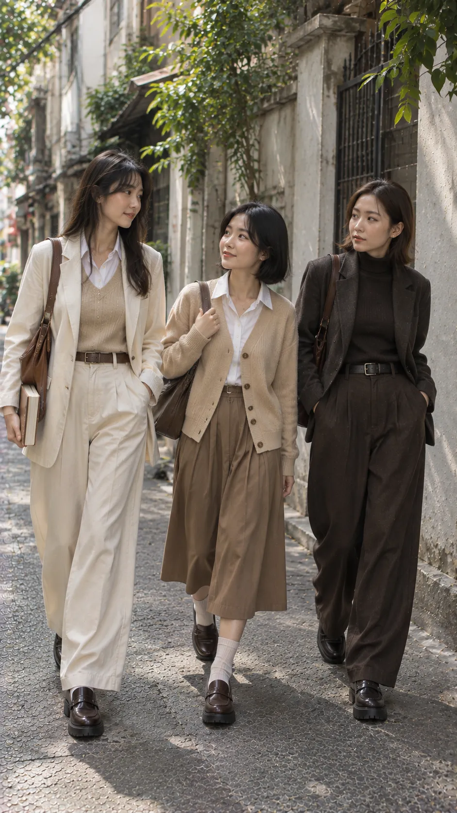 So sánh outfit Light Academia màu cream camel với outfit Dark Academia màu charcoal nâu đậm