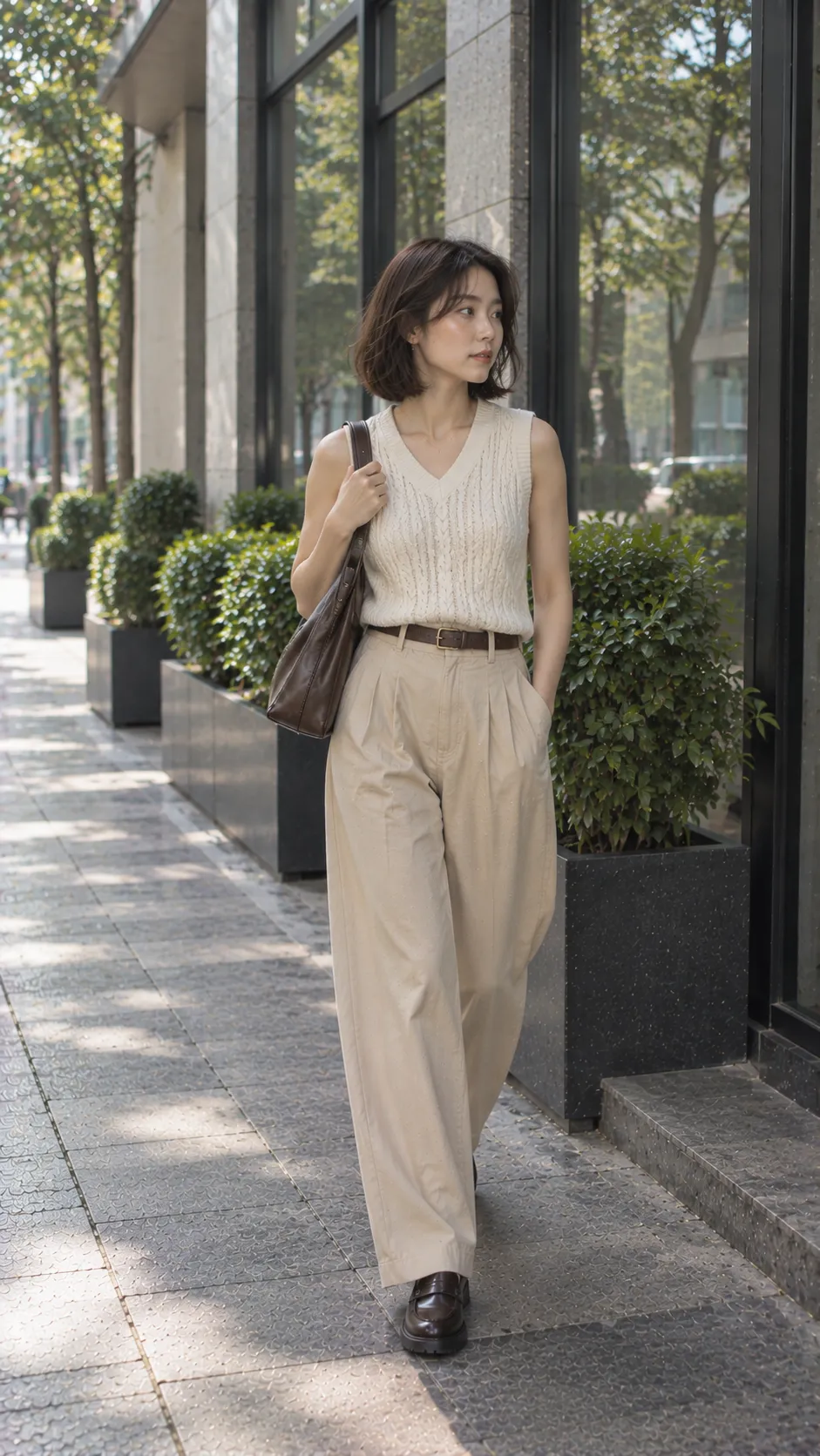 Light Academia outfit mùa ấm với áo sleeveless knit quần pleated sáng màu và loafer