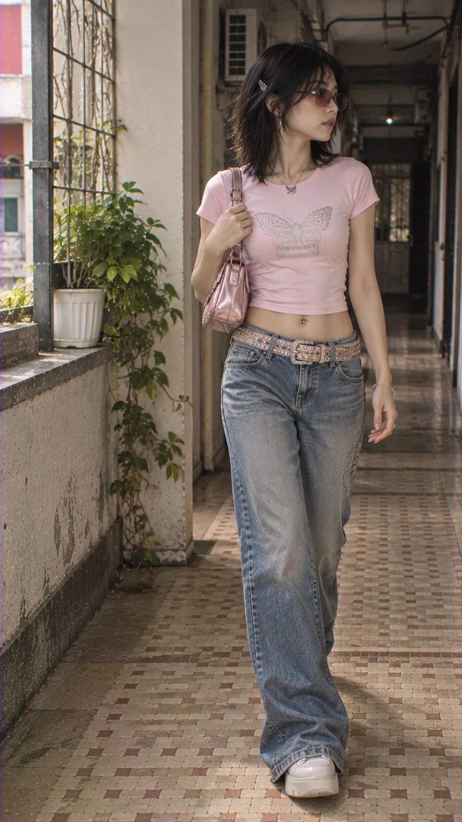 McBling outfit với baby tee rhinestone, jeans cạp thấp, belt nổi bật và mini shoulder bag