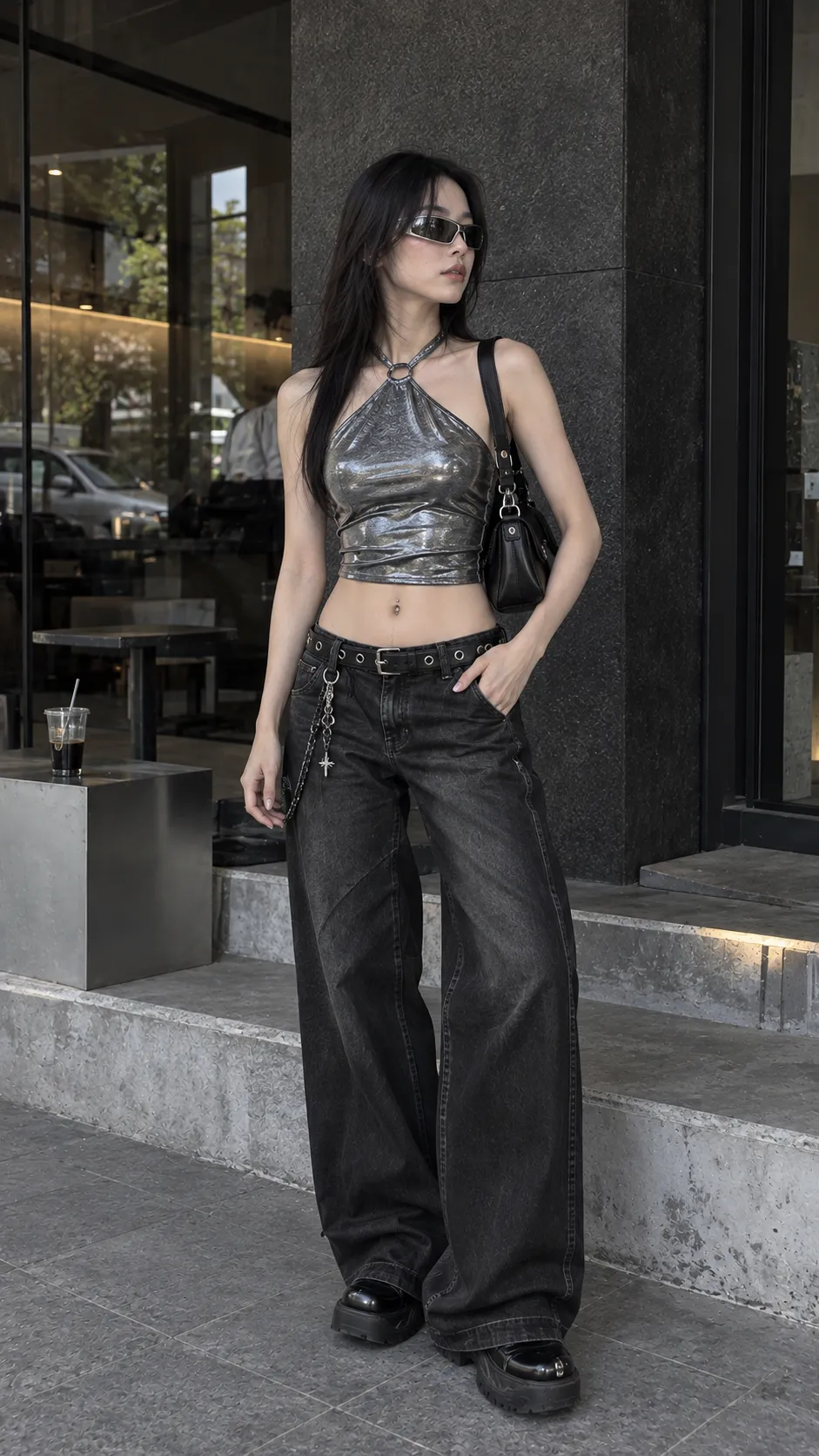 Mermaidcore ánh kim với halter top bạc đen, quần cạp thấp và phụ kiện phản sáng