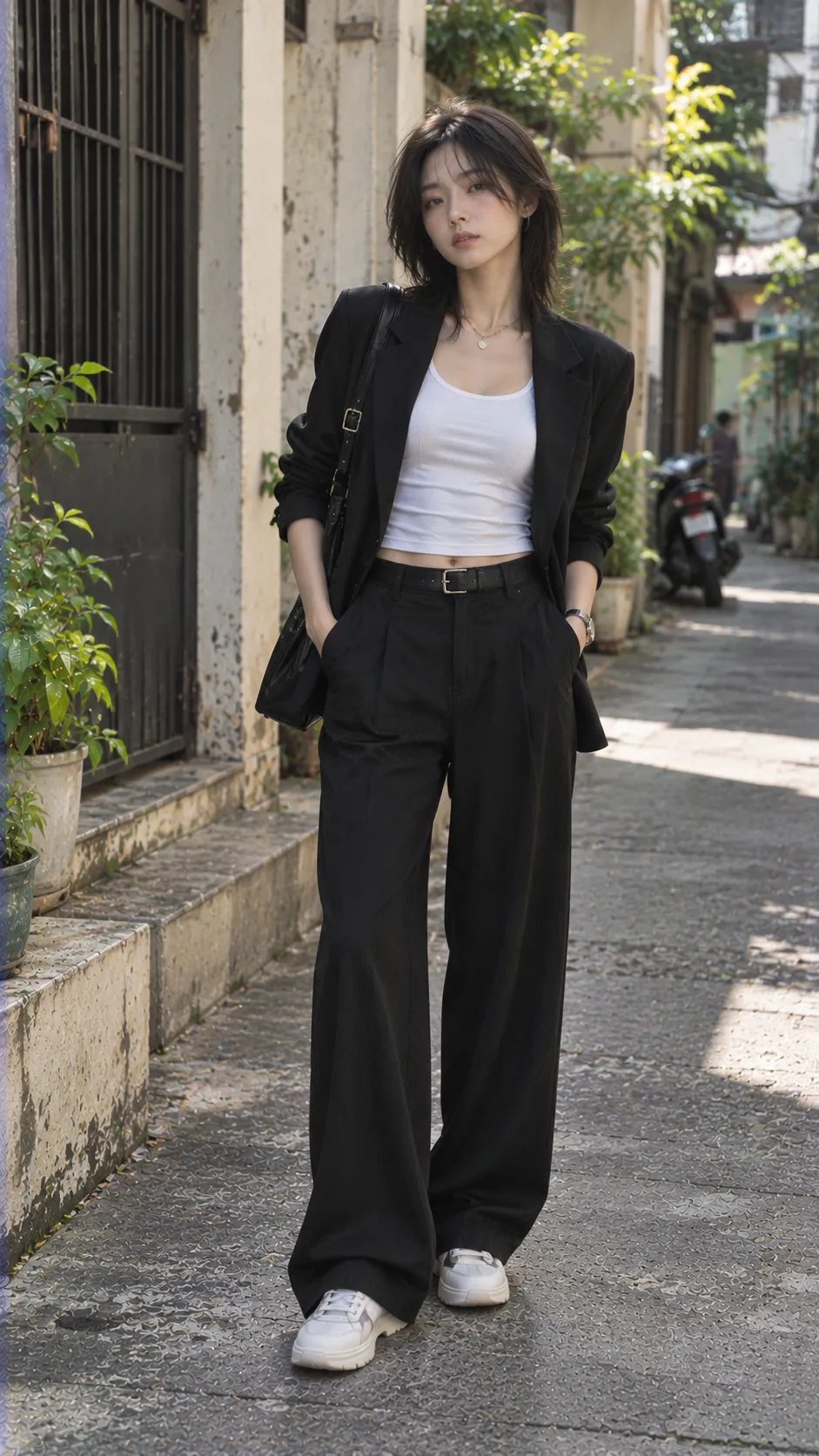 Model Off-Duty với blazer, đen, trắng theo Lỗi Khi Phối Model Off-Duty