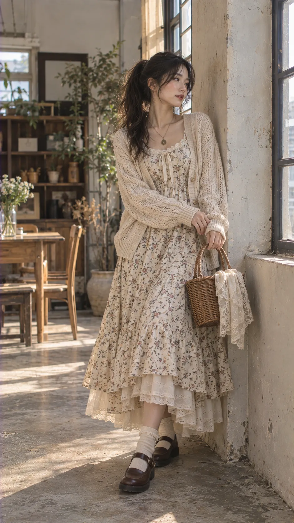 Mori Kei accessories với basket bag, khăn knit mỏng, ankle boots nâu và tất màu kem