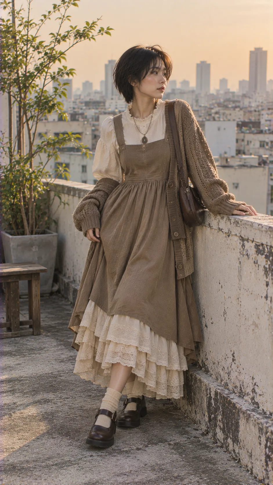 Mori Kei outfit với floral midi dress, cardigan màu kem, basket bag và giày da nâu