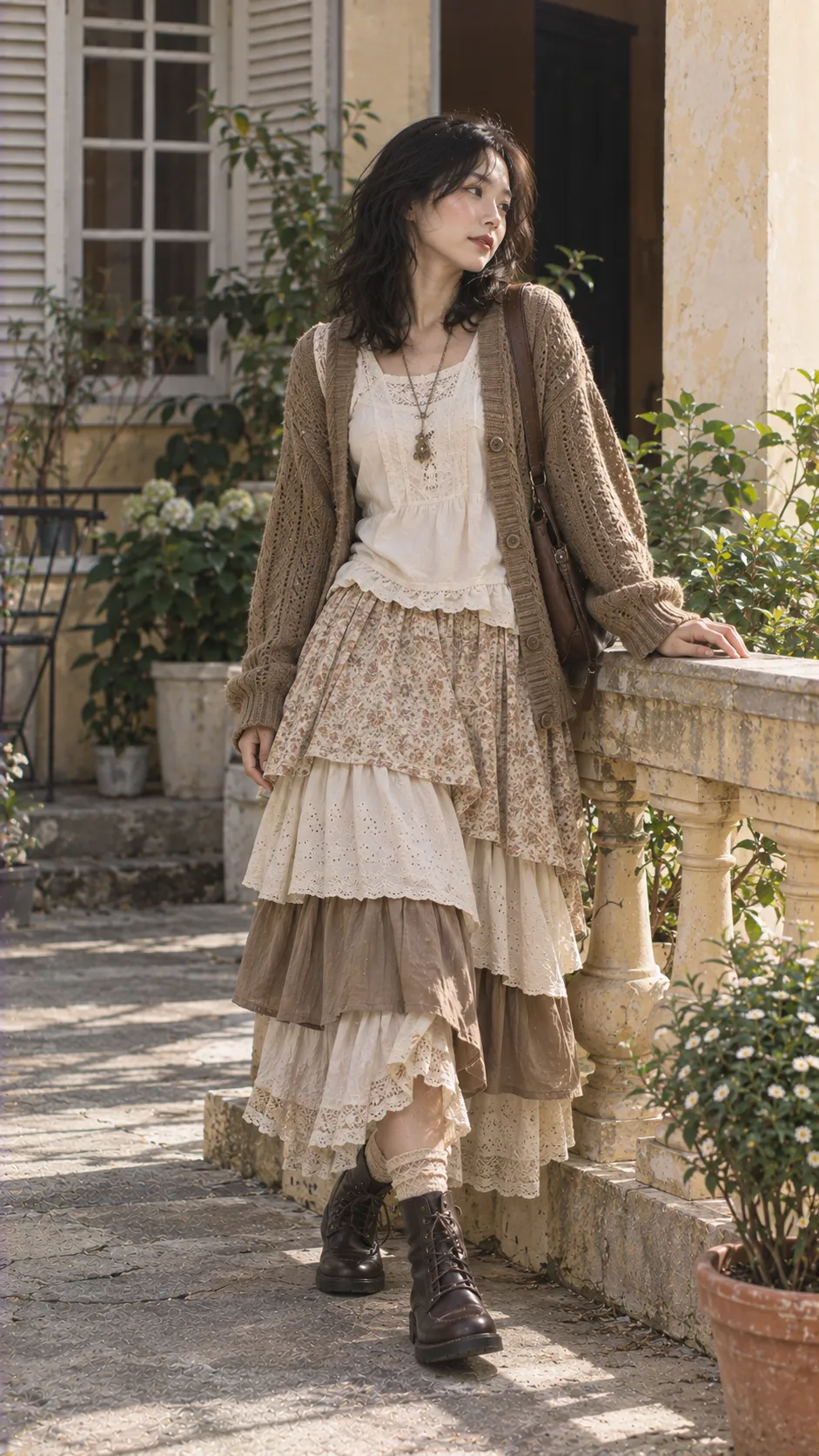 Mori Kei style với blouse màu kem, vest knit, váy dài nhiều lớp và boots nâu
