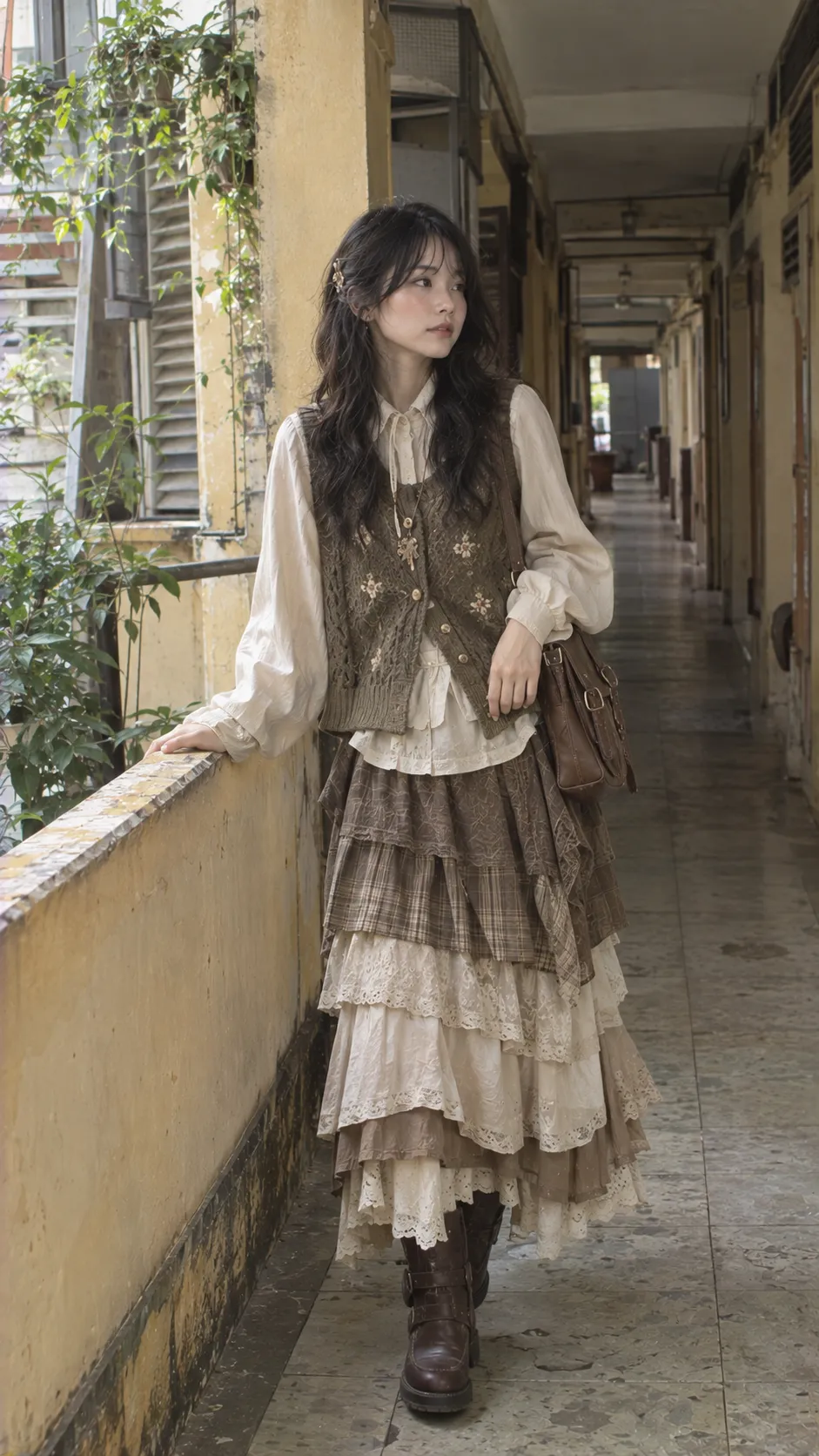 Mori Kei outfit level 2 với váy pinafore nâu nhạt, blouse trắng kem, cardigan và giày da thấp