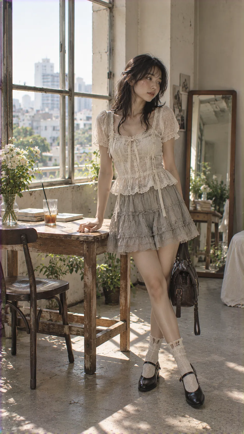 Morute outfit mùa nóng với lace blouse mỏng, skirt xám nhạt và Mary Jane trên người mẫu trưởng thành