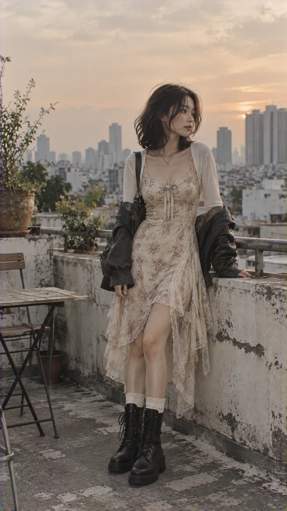Morute outfit với vintage slip dress, áo dài tay mỏng và combat boots trên người mẫu trưởng thành