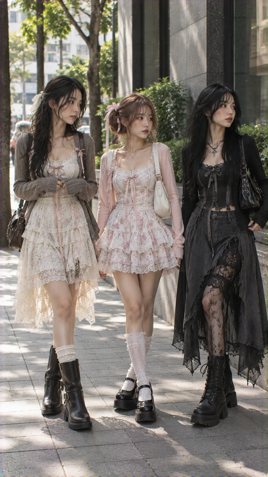 So sánh Morute, Cutecore và Soft Goth trên ba outfit người lớn với mức cute và dark khác nhau