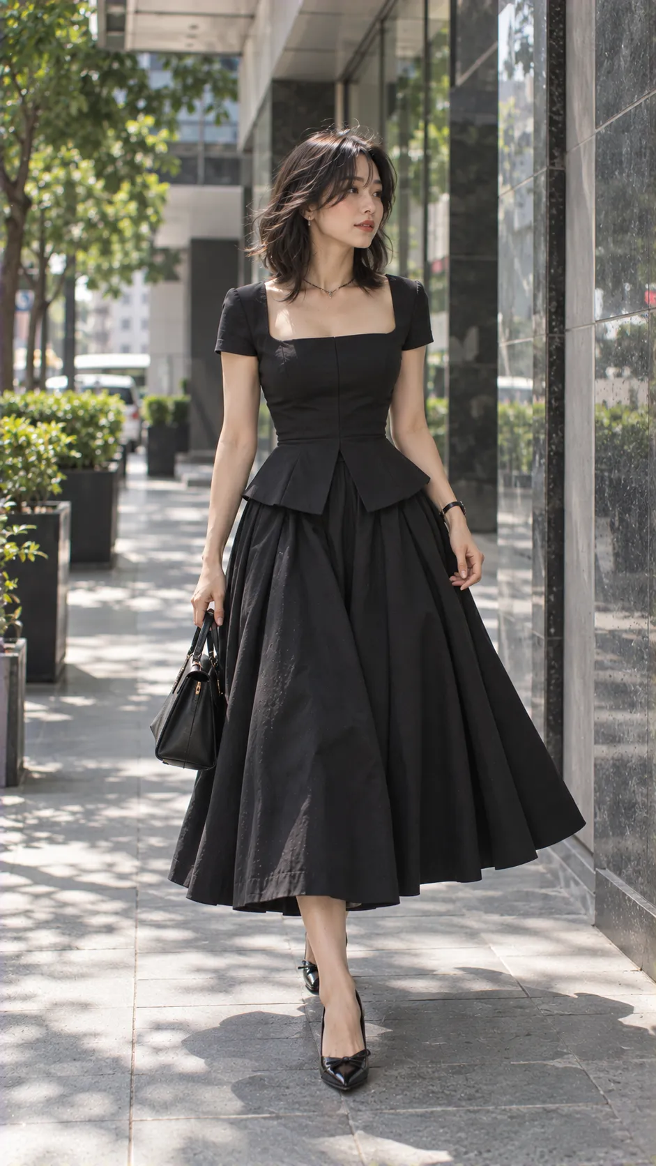Silhouette nữ cuối 1940s đến 1950s chịu ảnh hưởng New Look với eo rõ và chân váy midi đầy