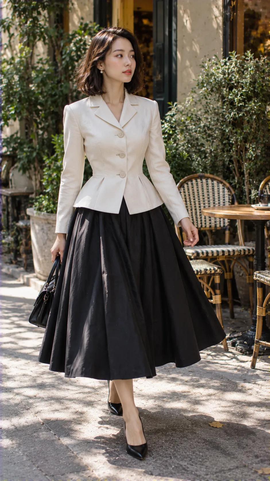 Silhouette New Look Dior với vai mềm, eo thắt, peplum nhẹ và chân váy dài xòe