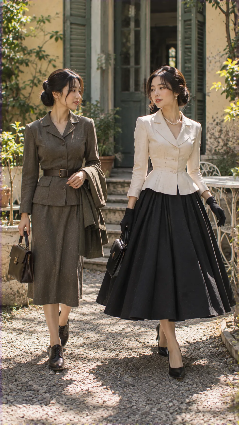 So sánh silhouette thời chiến gọn thẳng với New Look 1947 có eo thắt và chân váy đầy