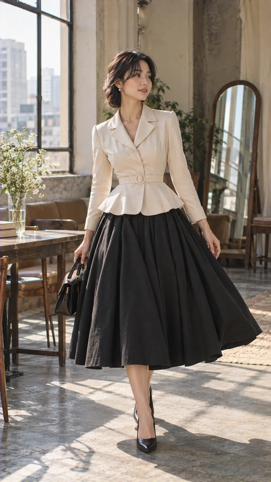 Outfit hiện đại lấy cảm hứng New Look với top ôm, eo rõ, chân váy midi xòe và phụ kiện tối giản