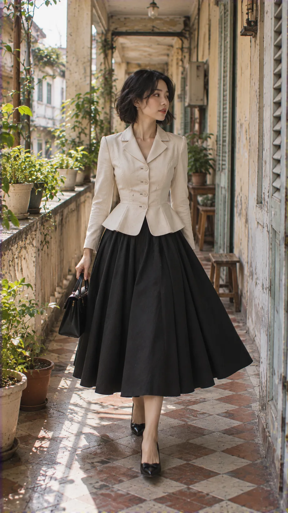 Cận cảnh cấu trúc New Look với jacket ôm eo, phần hông dựng nhẹ và chân váy xếp ly đầy