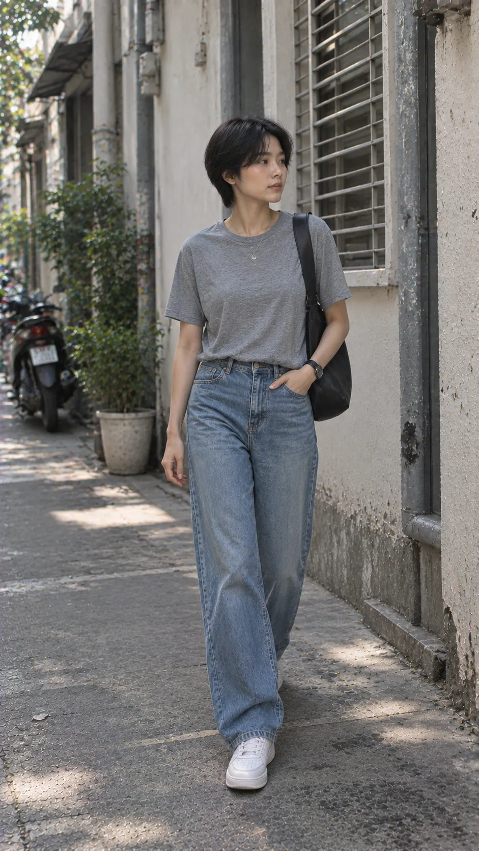 Normcore outfit với áo thun xám jeans xanh và sneaker trắng