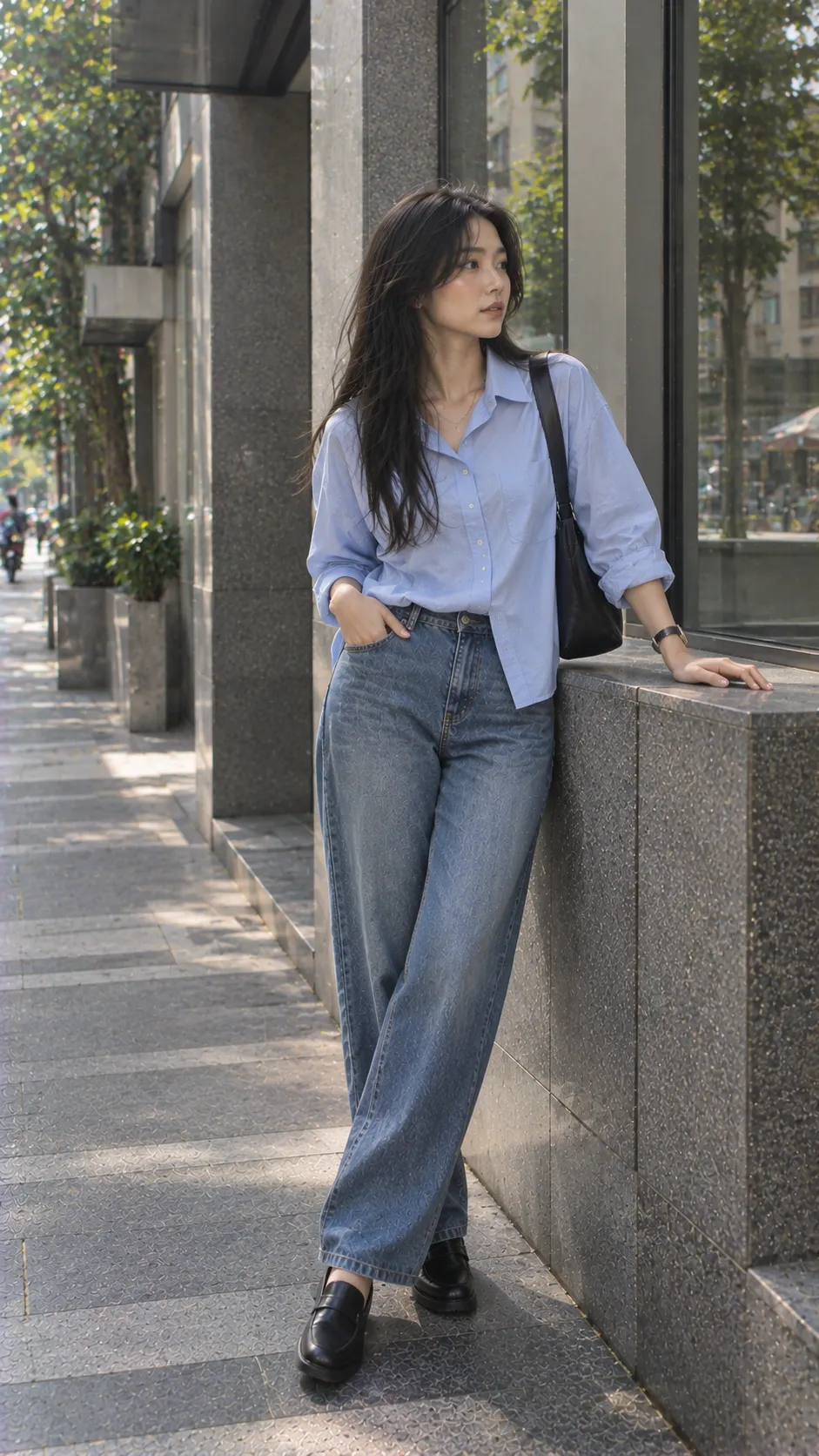 Normcore outfit với áo sơ mi rộng jeans và loafer đơn giản