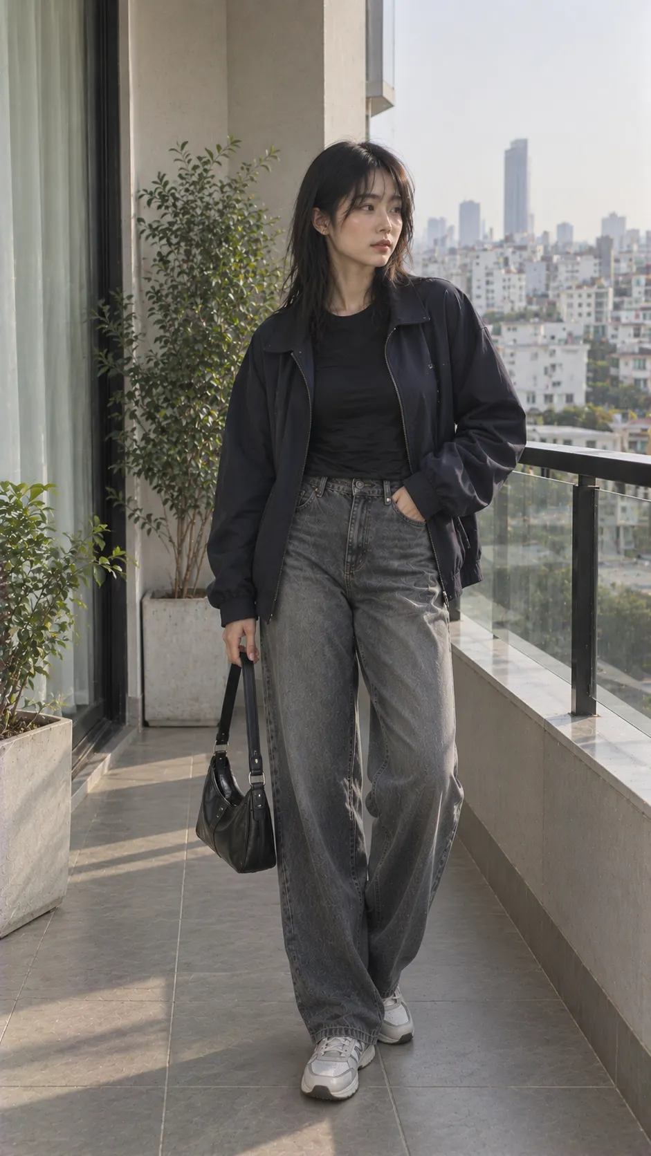 Normcore tối màu với áo thun đen jeans xám và jacket navy